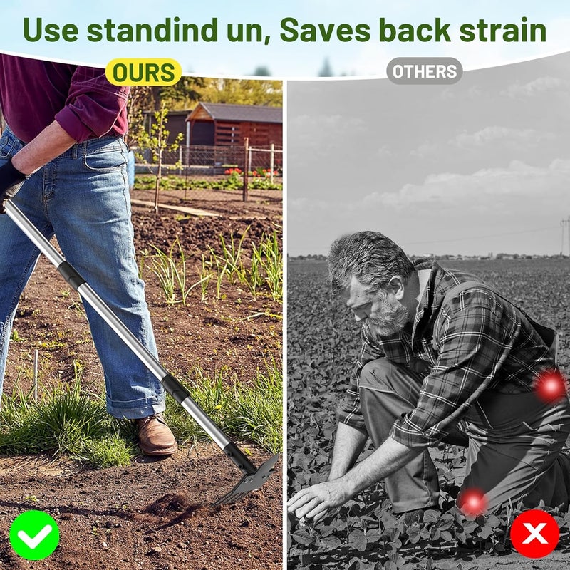 Ukiupop 2-in-1 Heavy-Duty Weed Puller Tool with 5-Tine Rake – 30" to 60" Adjustable Handle, Hoes for Gardening, Hoe Garden Tools for Loosening Soil, Planting, Weeding - Image 4